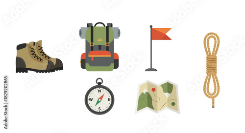 Flat lay of hiking and navigation items on a white background