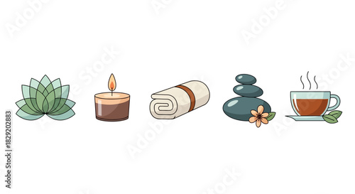 Flat lay illustration of spa elements including a succulent, candle, towel, stones, and
