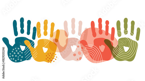 Vibrant abstract handprints in an artistic illustration symbolizing community, diversity, and togetherness through colorful, overlapping patterns