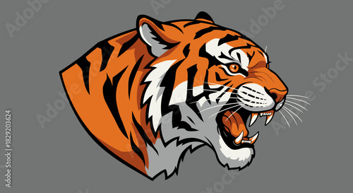 A vibrant vector illustration showcases a fierce tiger head, rendered in a striking orange and black color scheme against a neutral gray backdrop, perfect for various design applications.