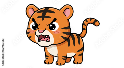 An adorable cartoon baby tiger with a fierce and angry expression, standing on a clean white background, perfect for children's designs.