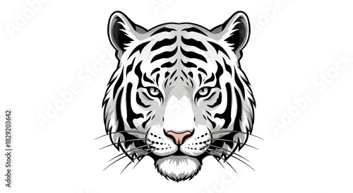 A striking vector illustration showcases a detailed, front-facing portrait of a majestic white tiger with intricate patterns, perfect for design projects and wildlife themes.