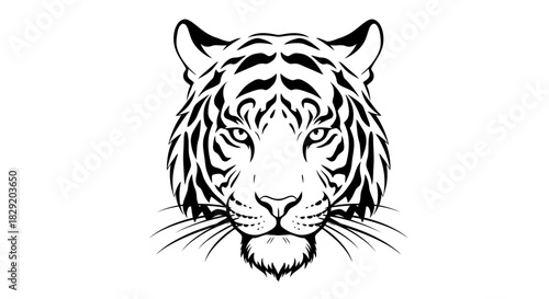 A powerful and majestic tiger head is depicted in a striking black and white vector illustration, ideal for bold graphic design projects.