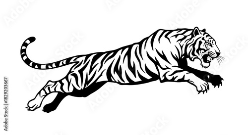 A powerful black and white vector illustration depicts a majestic tiger mid-leap, showcasing its strength and agility with graphic precision on a clean background.