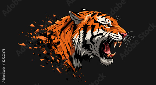 A vibrant vector illustration showcases a roaring tiger head with a dynamic shattered effect, perfect for graphic design projects demanding power and energy in their visuals.