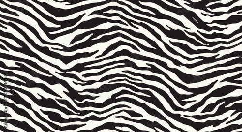A striking black and white seamless tiger stripe pattern creates an abstract and wild animal print background, ideal for fashion, design, and decorative purposes.