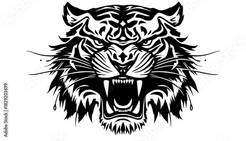 A powerful and aggressive tiger head, illustrated in a bold black and white vector style, roars ferociously, perfect for a strong visual statement.