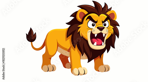 A fierce cartoon lion with a majestic brown mane stands roaring aggressively, showcasing its powerful presence and wild nature in a vibrant vector illustration.