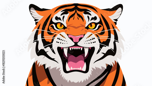 A powerful and fierce tiger with striking orange and black stripes roars aggressively, depicted as a bold vector illustration on a clean white background.