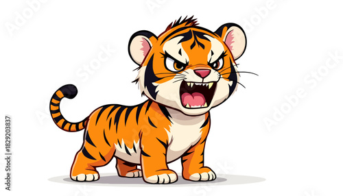 A fierce yet adorable baby tiger character, illustrated in a vibrant cartoon vector style, stands roaring with an open mouth, perfect for playful designs.