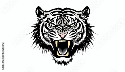A fierce vector illustration showcases a roaring tiger's head, rendered in a striking black and white PNG format, perfect for design projects and commercial applications.