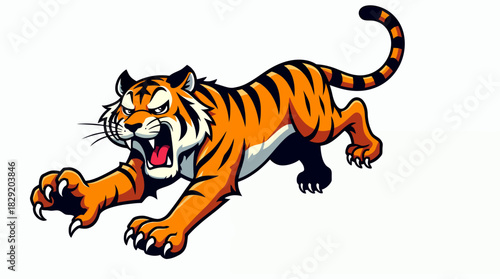 A powerful and dynamic cartoon tiger illustration, depicted in an aggressive pouncing stance with a fierce snarl, perfect for sports mascots or branding.