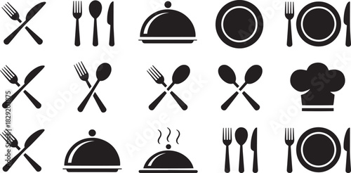 Dining icon set for restaurant menus, food service, utensils, chef tools, and culinary branding