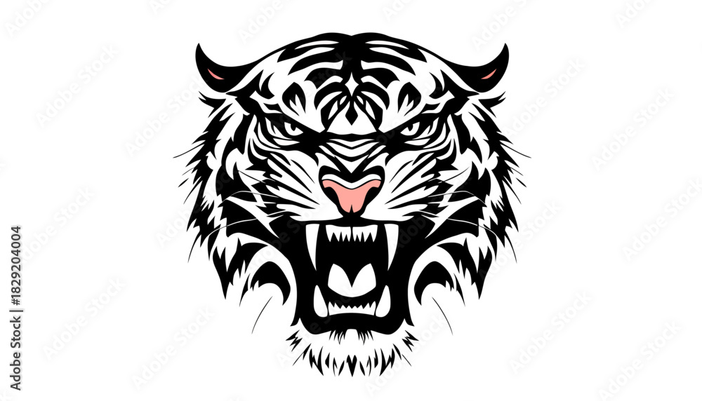 Obraz premium A fierce vector illustration showcases a roaring tiger's head, rendered in a bold black and white style, perfect for various design applications and projects with a striking visual impact.