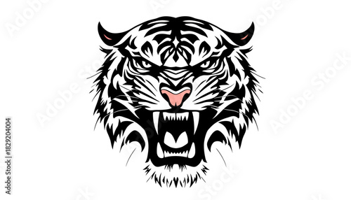 A fierce vector illustration showcases a roaring tiger's head, rendered in a bold black and white style, perfect for various design applications and projects with a striking visual impact.