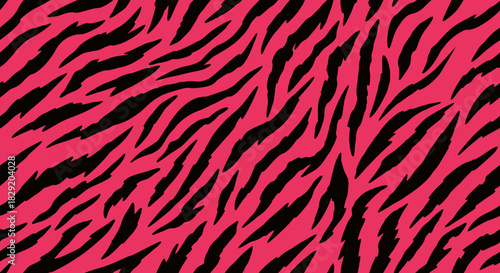 A vibrant, eye-catching vector illustration showcases a seamless, repeating pattern of bold, pink and black tiger stripes, ideal for various design applications and backgrounds.