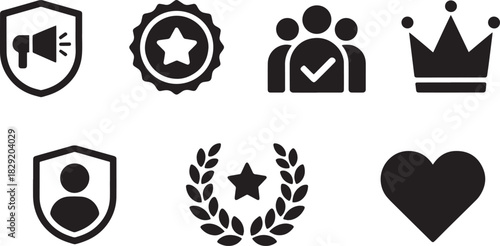 Symbolic icon set for protection, leadership, teamwork, achievement, identity, and emotional design