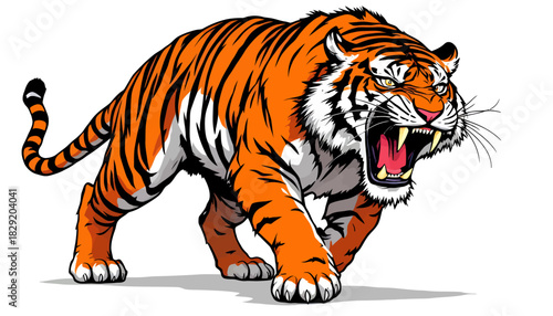 A fierce and powerful tiger, rendered in a dynamic vector illustration style, roars aggressively, showcasing its strength and wild nature.