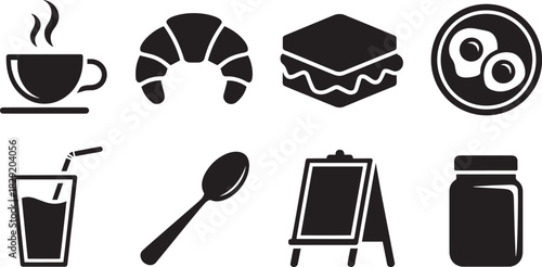 Breakfast icon set for coffee, eggs, pastries, juice, utensils, and morning meal design illustrations
