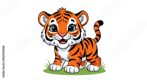 A charming cartoon tiger cub with vibrant orange and black stripes stands on green grass, rendered as a high-quality vector graphic, perfect for various design projects and illustrations.