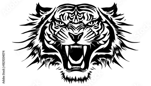 A fierce and powerful tiger head, rendered in a bold black and white tribal vector style, roars intensely, perfect for graphic design projects.