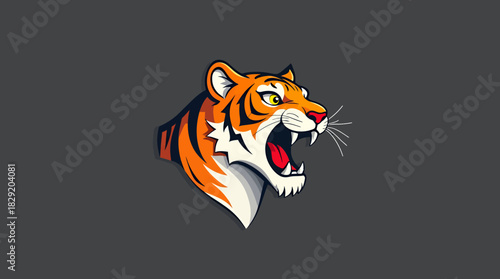 Roaring tiger head vector illustration showcasing its fierce expression and bold stripes, perfect for logos, branding, and wildlife-themed designs on a neutral background.