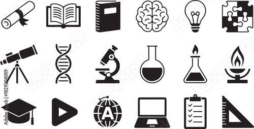 Education and science icon set for learning, research, school, academic tools, and digital design