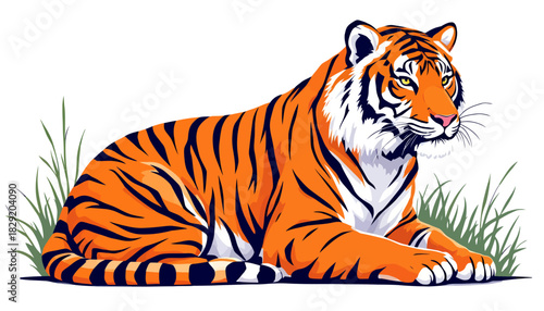A majestic orange and black striped tiger, depicted in a detailed vector illustration, gracefully rests amidst green grass on a clean white background.