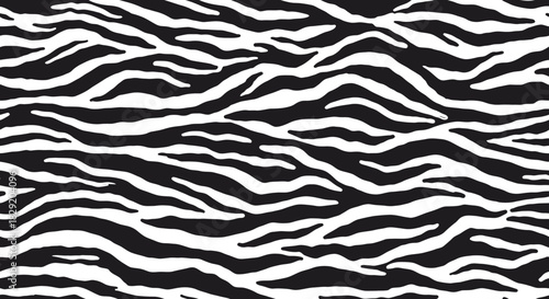 A bold, seamless black and white tiger stripe pattern creates a striking abstract background, perfect for contemporary design projects and fashion textiles.
