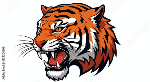 Roaring tiger head vector illustration, showcasing its ferocity with sharp teeth and intense gaze, perfect for sports team logos and wildlife designs.