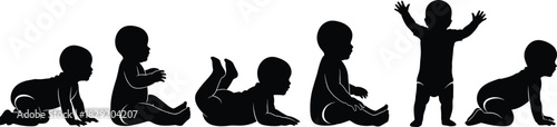 Black silhouettes of a baby illustrating milestones of development from crawling and sitting to standing up, learning, growth, and first steps, vector illustration.