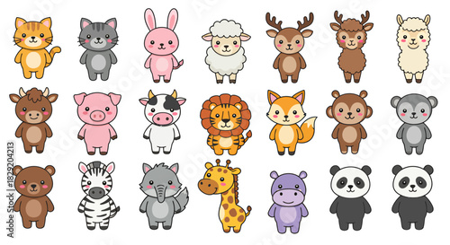 A charming vector illustration showcasing a collection of adorable cartoon animals, perfect for children's designs, educational materials, and playful projects, all rendered in a vibrant and engaging