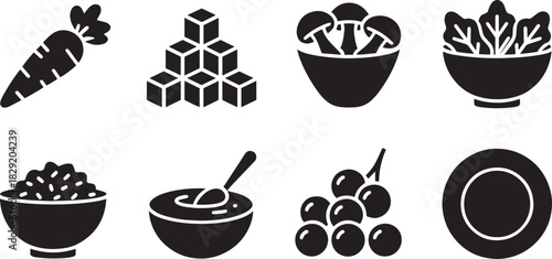 Healthy food icon set for nutrition, vegetables, grains, fruits, meals, and culinary design projects