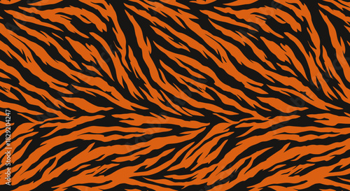 A vibrant and detailed seamless tiger stripe pattern, rendered in classic orange and black as a versatile vector graphic, perfect for backgrounds and design.