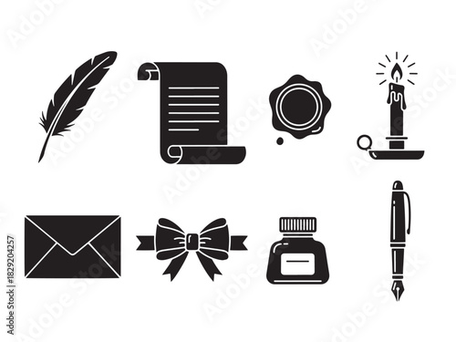 Elegant Writing Icons. Elegant Writing Collection silhouette icon set: feather quill, scroll, wax seal, candle, envelope, ribbon, ink bottle, pen.
