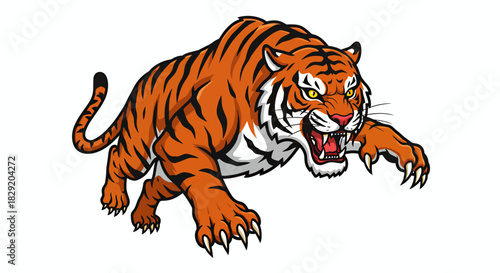 A ferocious tiger is depicted in a dynamic vector illustration, showcasing its power and agility with vibrant colors and sharp details, perfect for various design projects.
