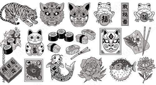 Detailed vector illustration showcases various Japanese cultural elements, including a tiger, sushi, masks, and koi fish, all rendered in a monochrome style, perfect for graphic design.