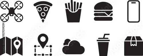 Food delivery icon set for mobile apps, drone service, fast food, location, and digital logistics
