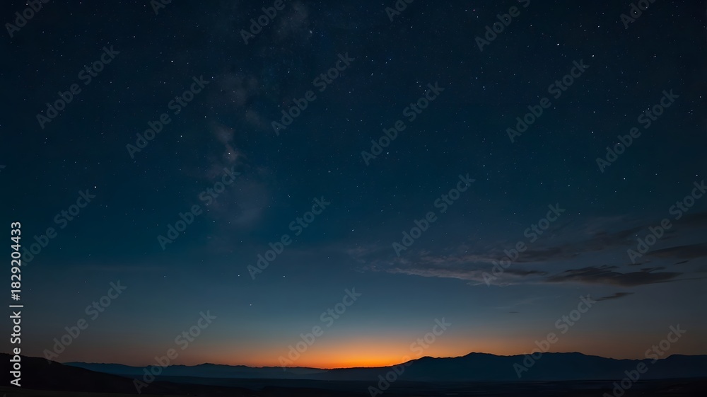 Naklejka premium A breathtaking landscape view capturing the serene beauty of a star-filled night sky, with a soft twilight glow illuminating distant mountain silhouettes
