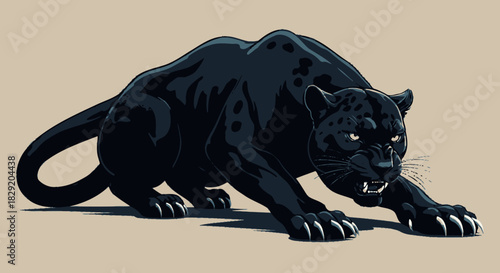 A fierce black panther, captured in a dynamic vector illustration, exhibits its sleek form and intense predatory focus on a neutral background.