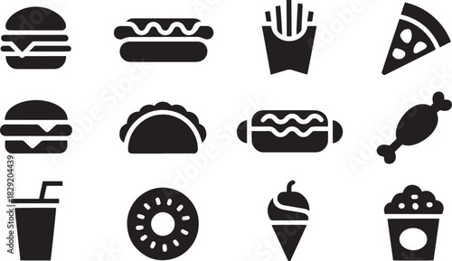 Fast food icon set for burger, pizza, snacks, drinks, sweets, menu design, and food branding visuals