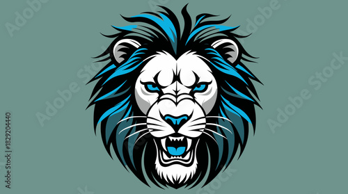 A powerful and majestic lion head illustration, featuring a fierce expression with blue accents in its mane and eyes, designed as a striking graphic element.