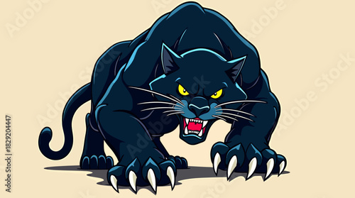 A fierce black panther vector illustration, showcasing a powerful predator with sharp claws and menacing yellow eyes, perfect for design projects and wildlife themes, available as a png.
