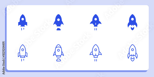 Blue Rocket Launch Icons Startup Boost Technology Spaceship Symbol Vector Graphic