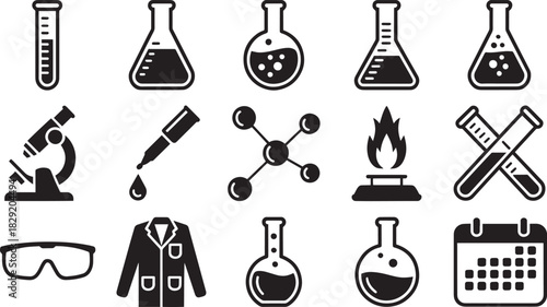 Lab science icon set for chemistry, biology, research, education, experiments, and scientific tools