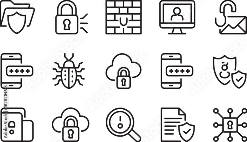 Cybersecurity icon set for data protection, secure access, malware, cloud safety, and network defense