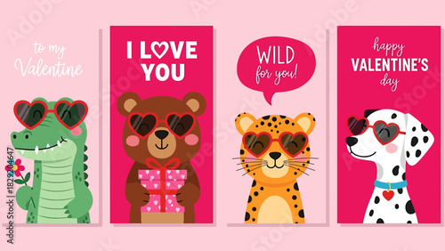 Valentines Day Animal Cartoon Card Set - Adorable Characters with Heart-Shaped Glasses.