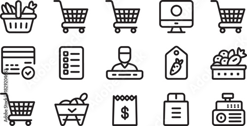 Shopping and retail icons set for e-commerce, grocery, payment, checkout, and store interface design