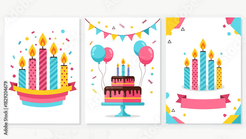 Set of Birthday Cards with Cake, Balloons, and Candles.