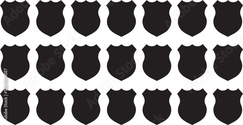 Black shield icons grid for security, law enforcement, protection, authority, and badge design themes